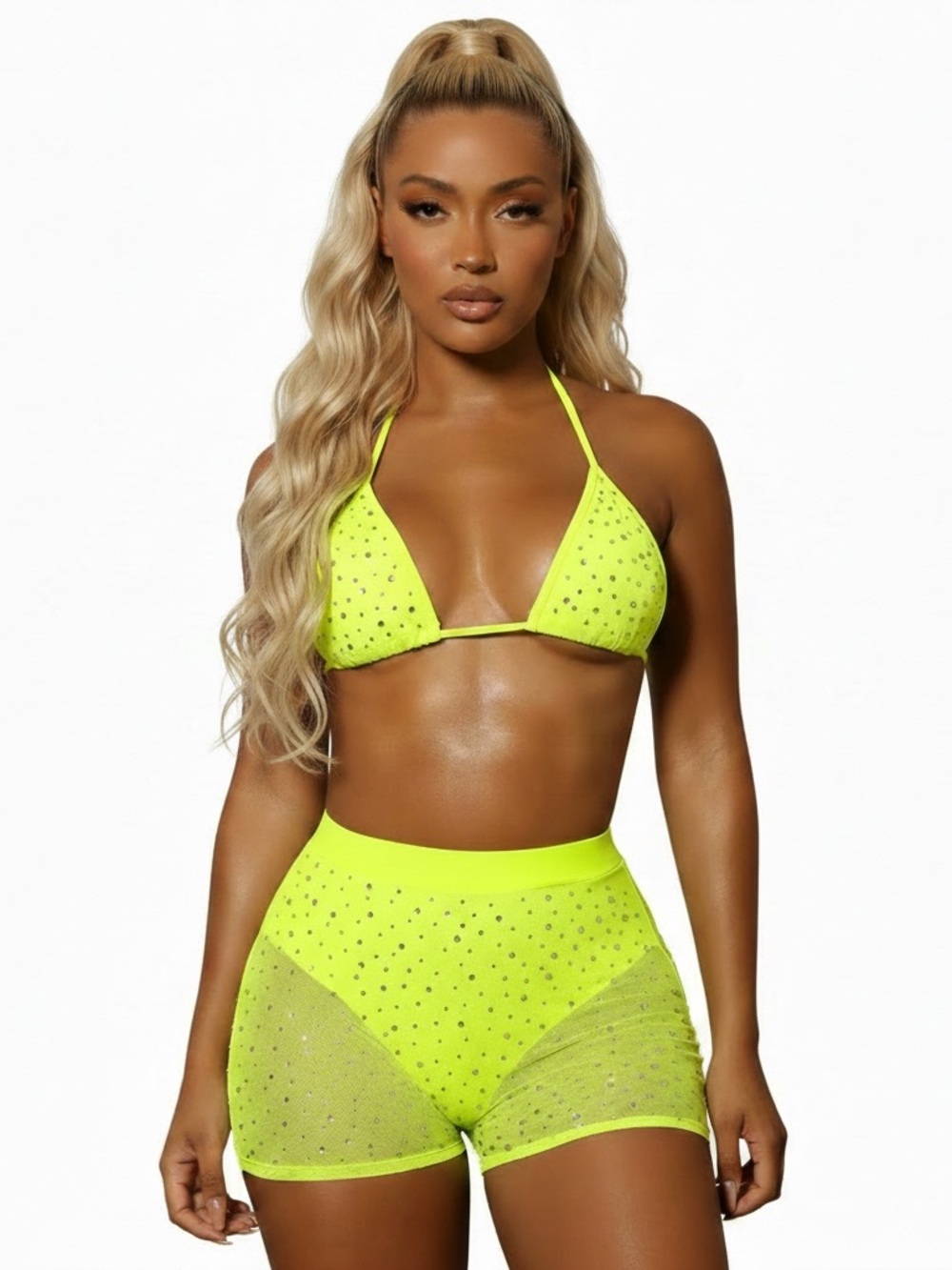Fashion Nova Neon Yellow Rhinestone Triangle Bikini Set - Women Swim